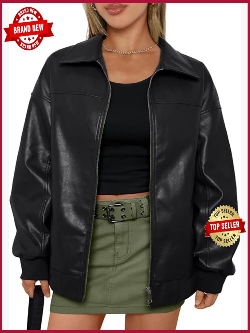 Oversized Faux Leather Motorcycle Bomber Jacket Zip Up Coat